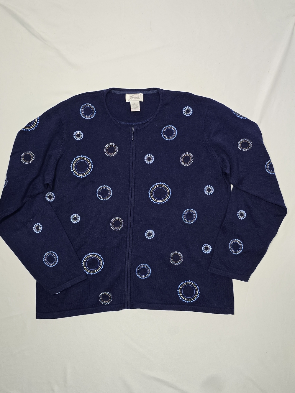 Foxcroft Navy Blue Embroidered Circle Full Zip Cotton Cardigan Sweater Large